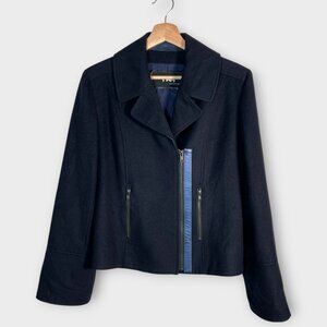 Baby Alpaca Wool Moto Jacket (Wears are L / XL) Blue Silk Lined Leather Trim EUC